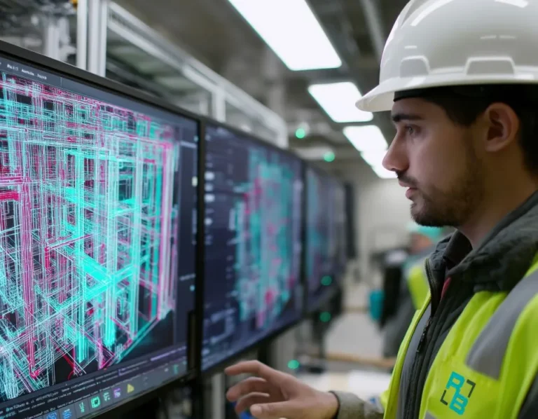 Engineer reviewing 3D piping models on a wall of screens
