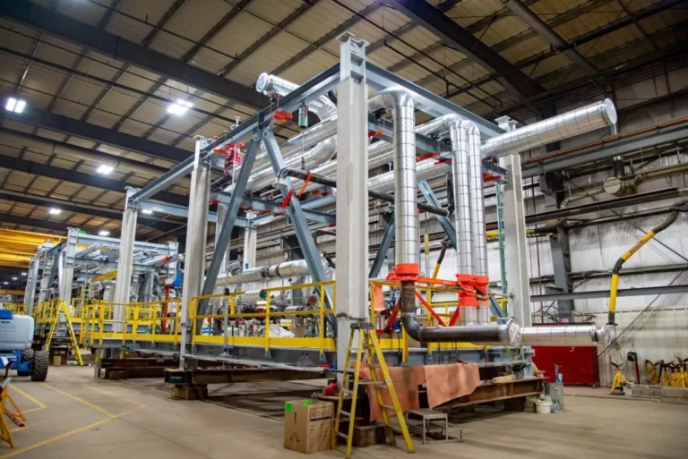 Steel pipe rack module under construction in a fabrication shop